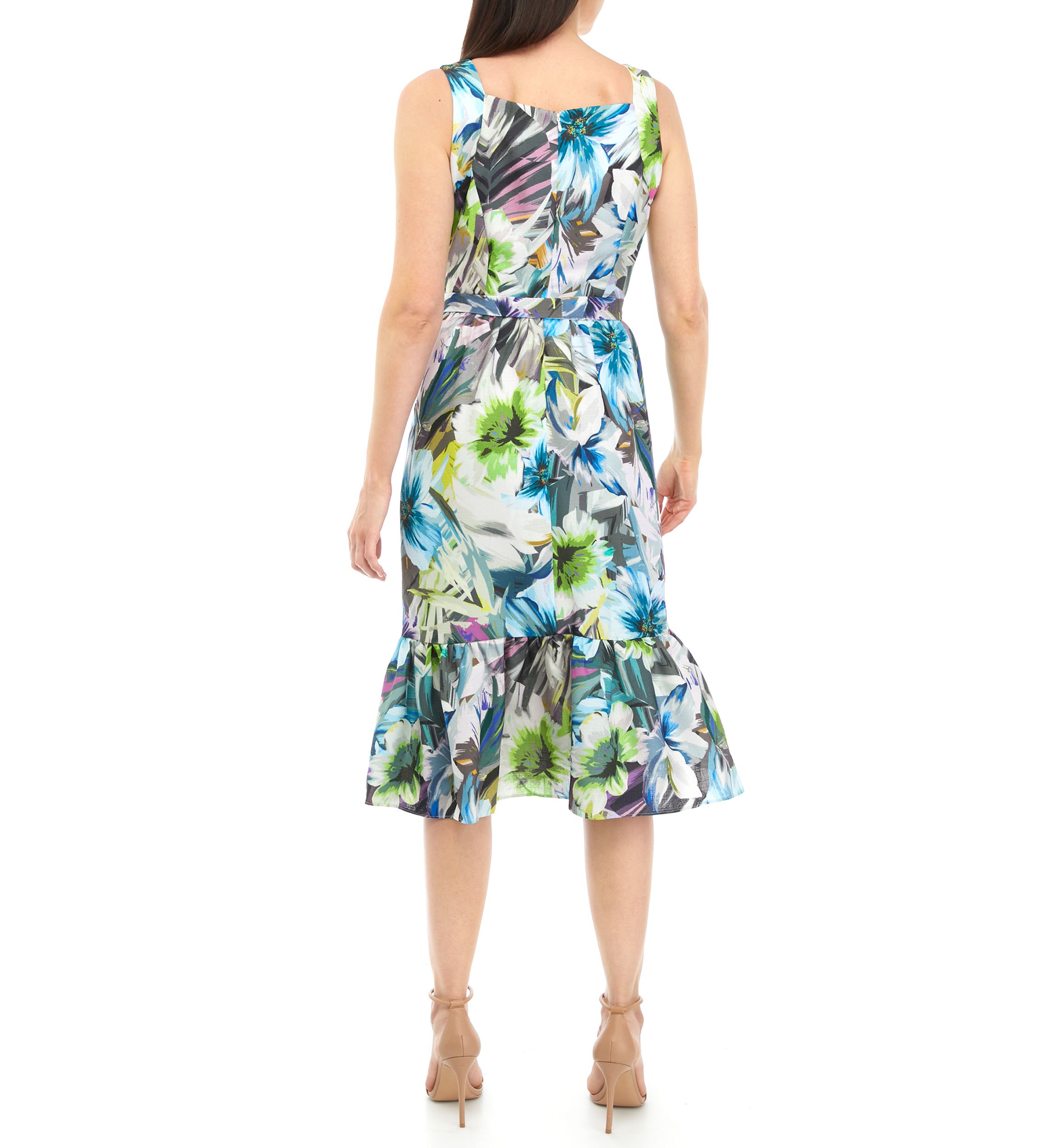 Womens Sleeveless Tie Waist Printed Fit and Flare Dress