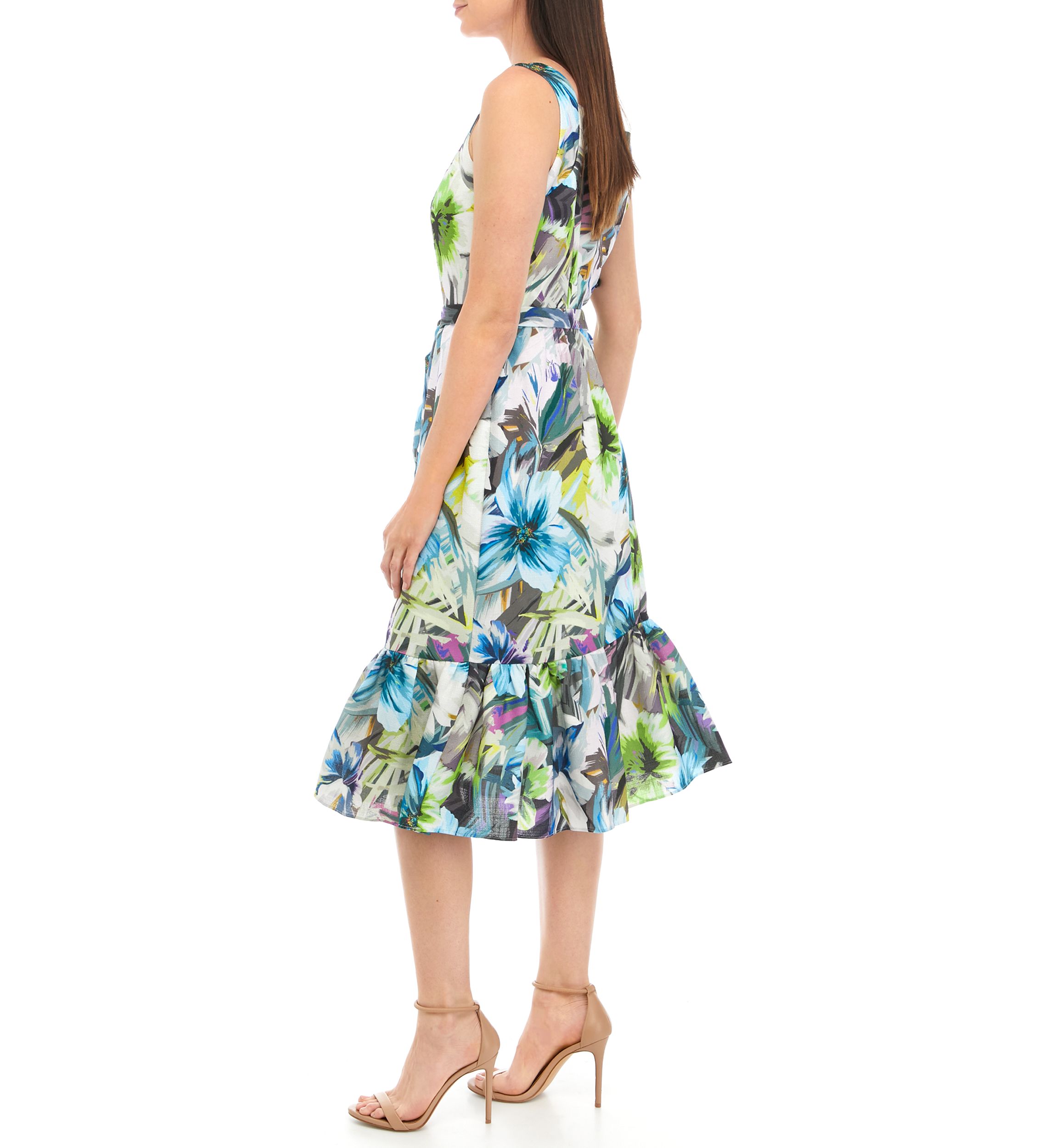 Womens Sleeveless Tie Waist Printed Fit and Flare Dress