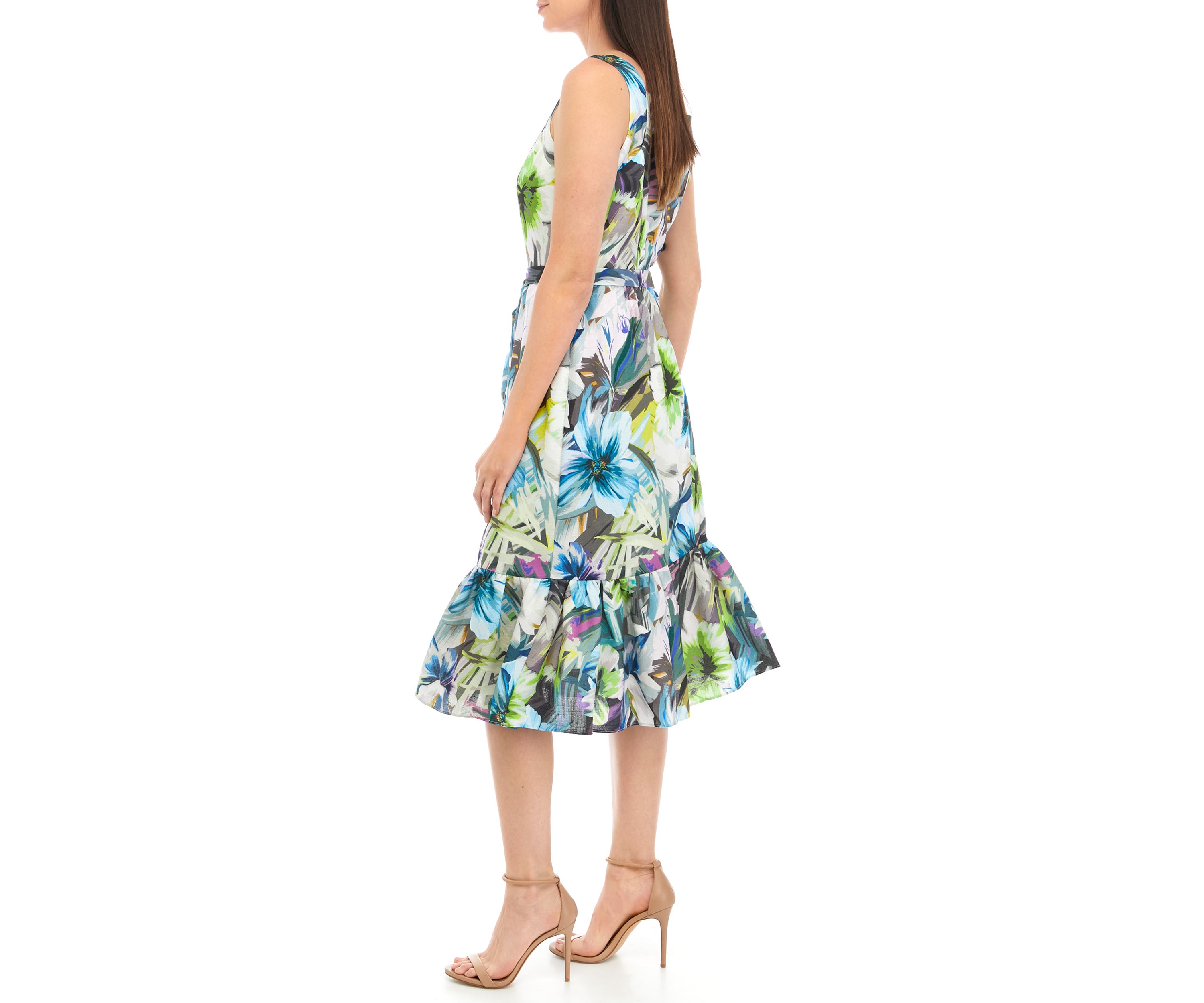 Womens Sleeveless Tie Waist Printed Fit and Flare Dress