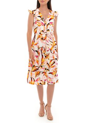 Donna Ricco Women's Ruffle Printed Fit and Flare Midi Dress, Ivory, 2