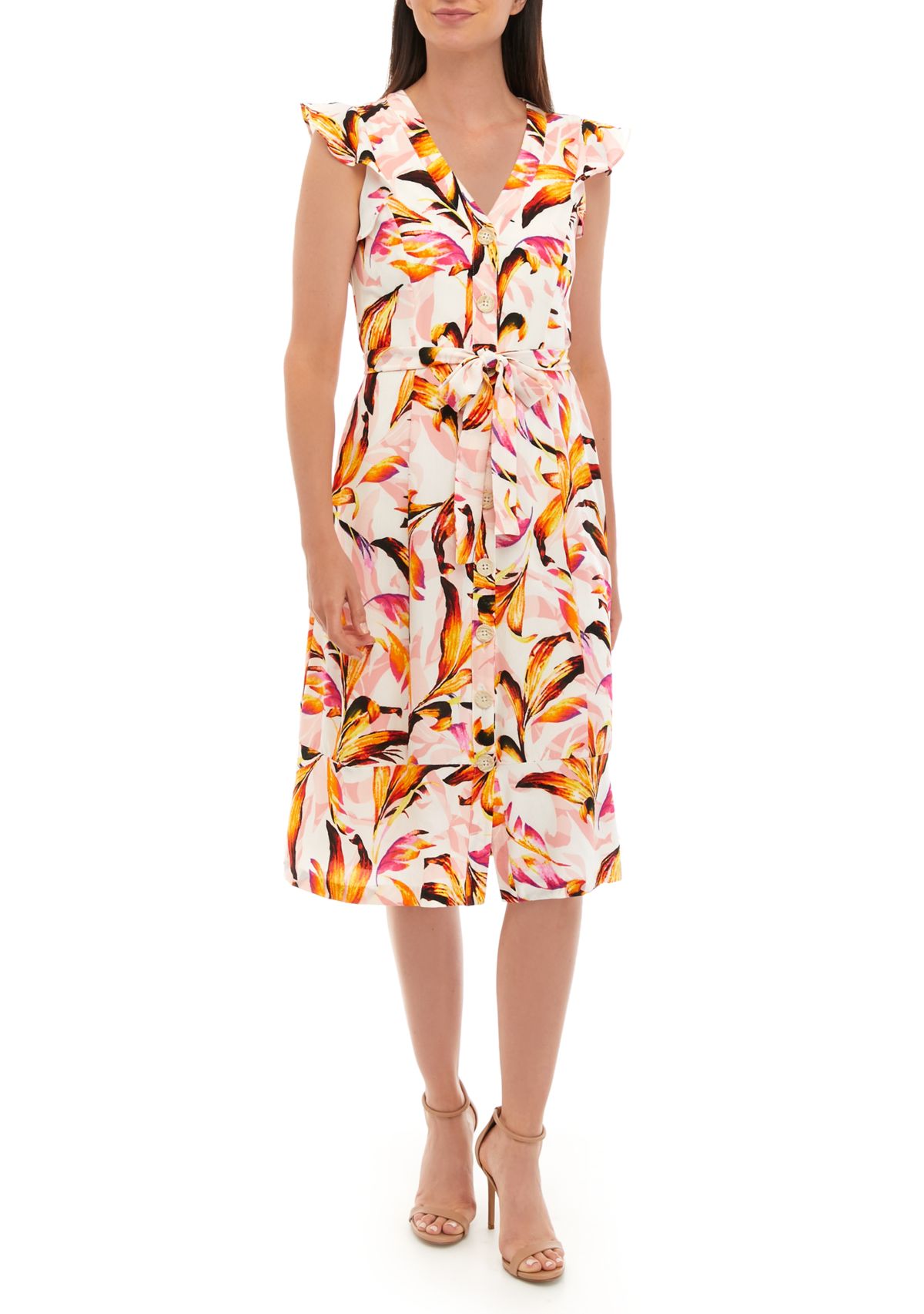 Womens Ruffle Printed Fit and Flare Midi Dress