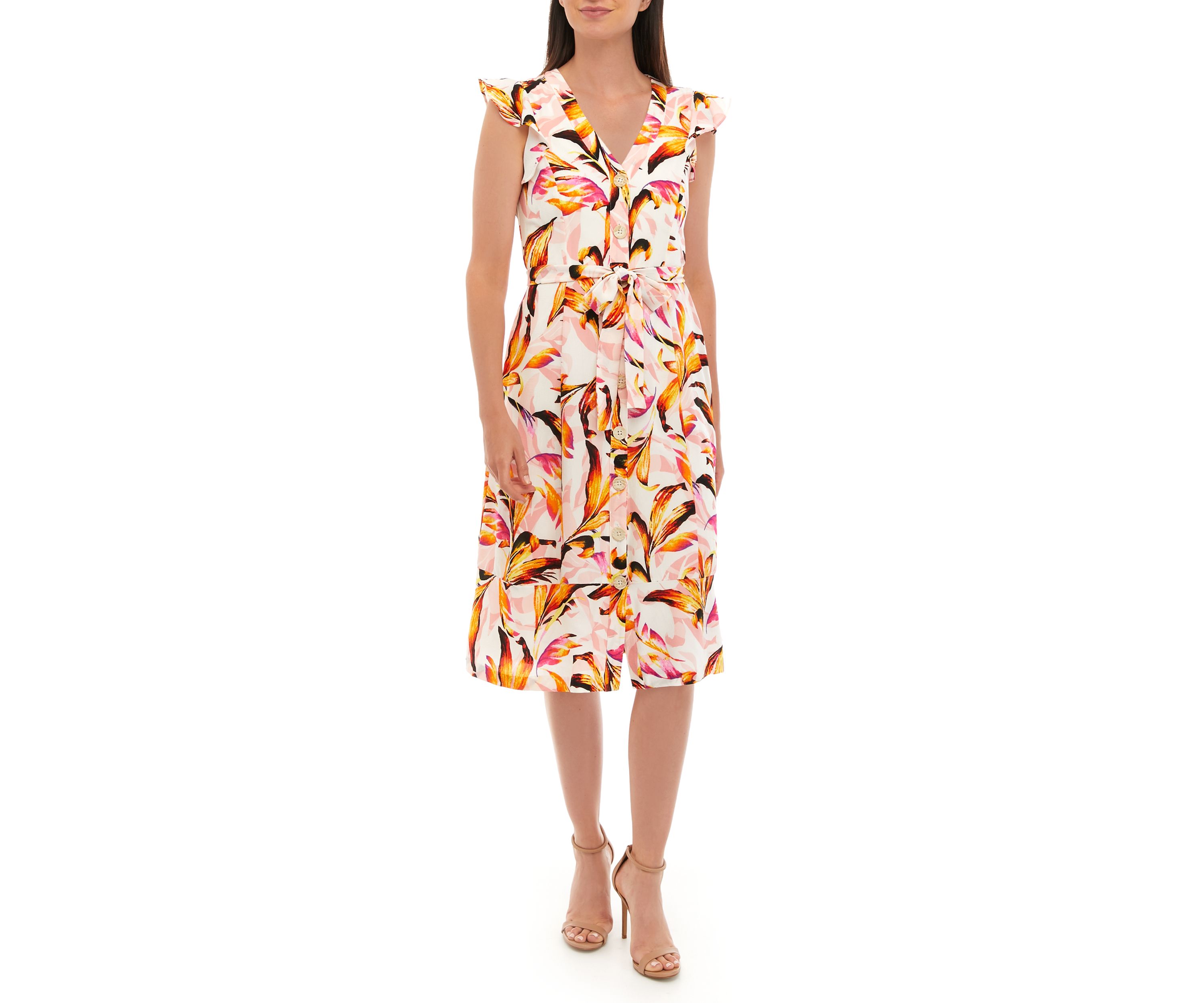 Womens Ruffle Printed Fit and Flare Midi Dress