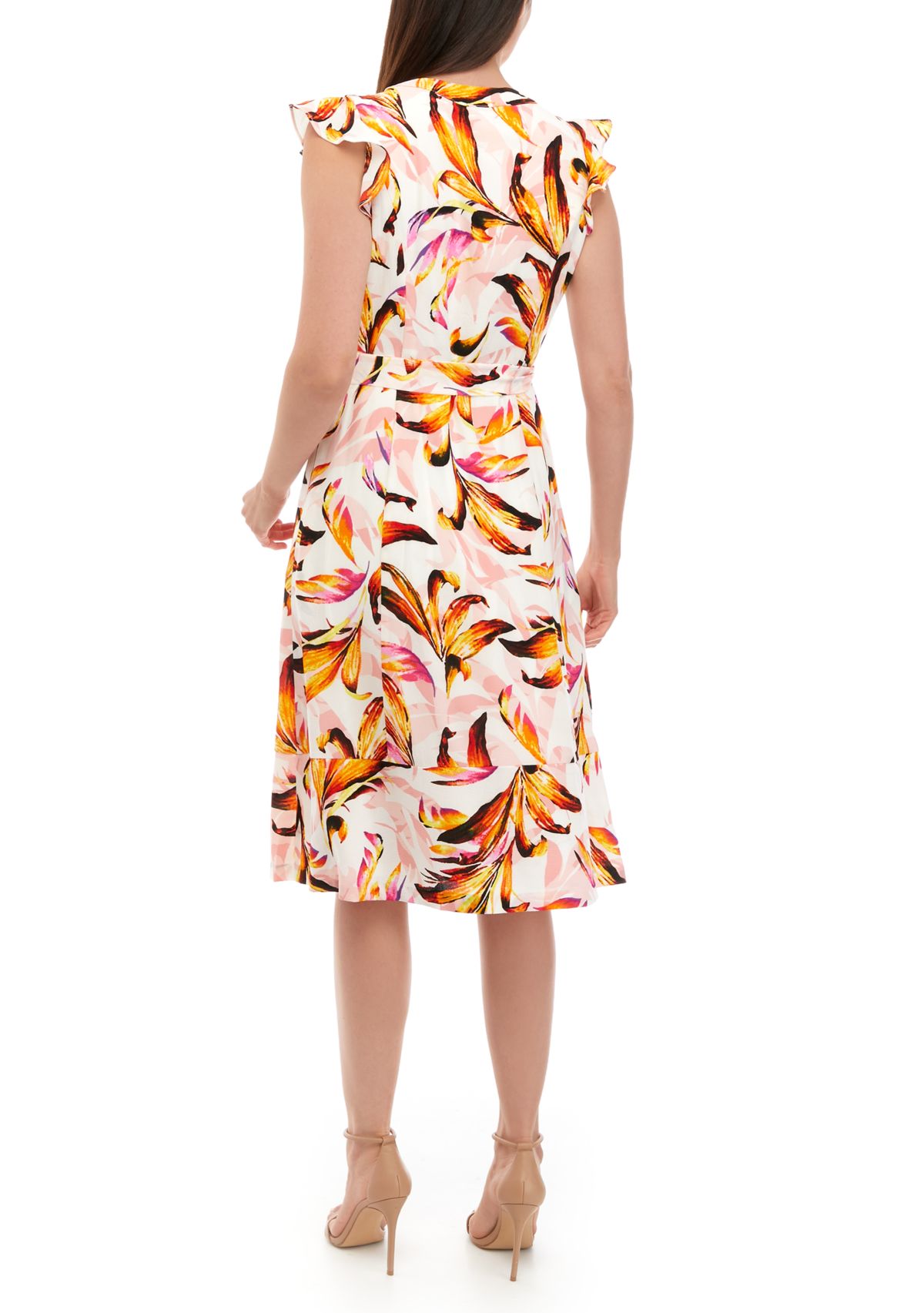 Womens Ruffle Printed Fit and Flare Midi Dress