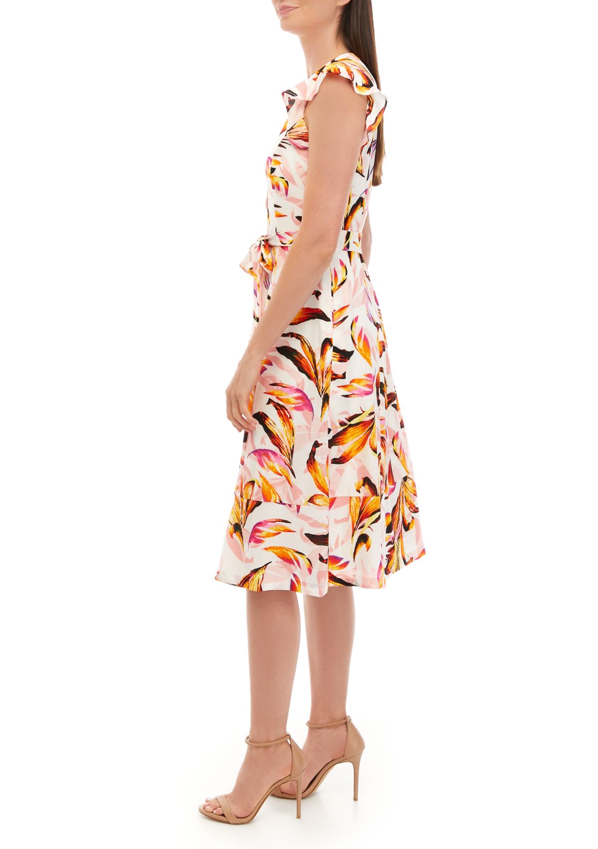 Womens Ruffle Printed Fit and Flare Midi Dress
