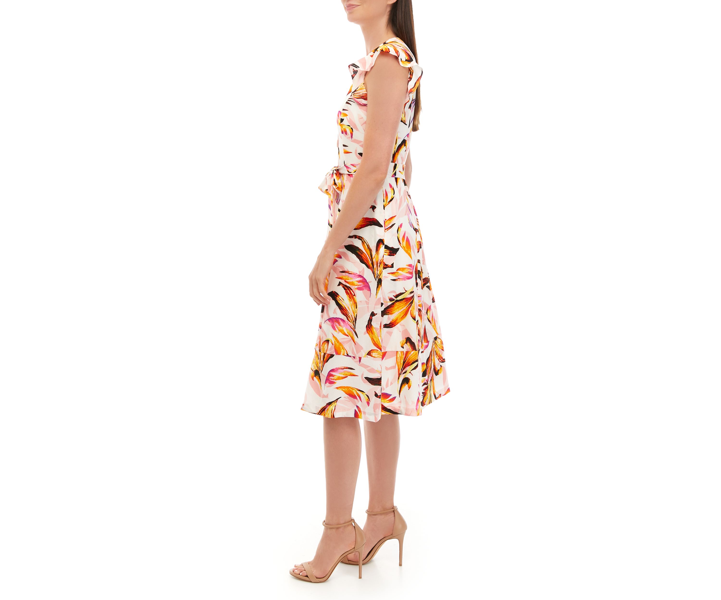 Womens Ruffle Printed Fit and Flare Midi Dress