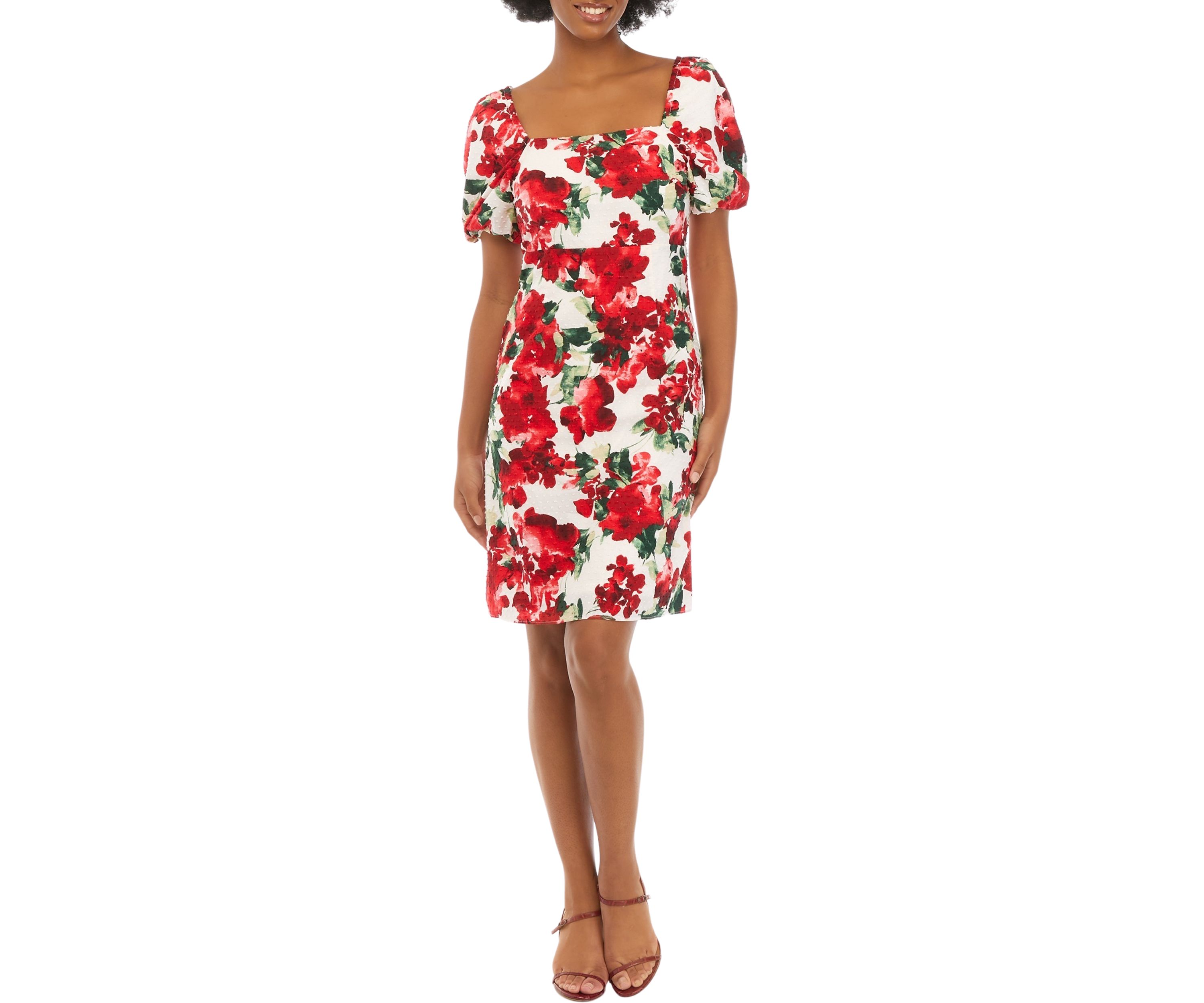 Womens Puff Sleeve Square Neck Floral A-Line Dress