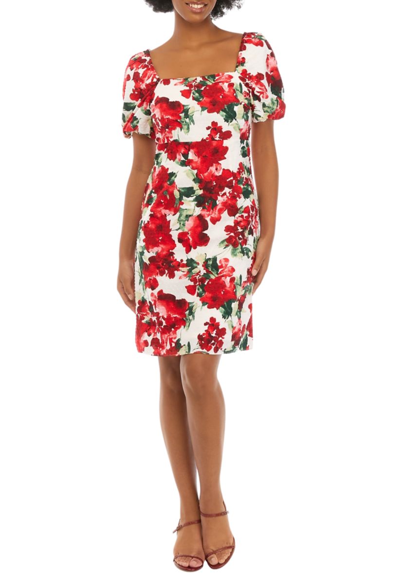 Womens Puff Sleeve Square Neck Floral A-Line Dress