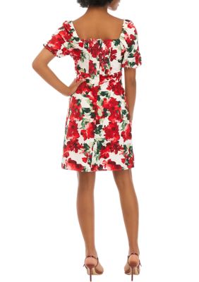 Women's Puff Sleeve Square Neck Floral A-Line Dress