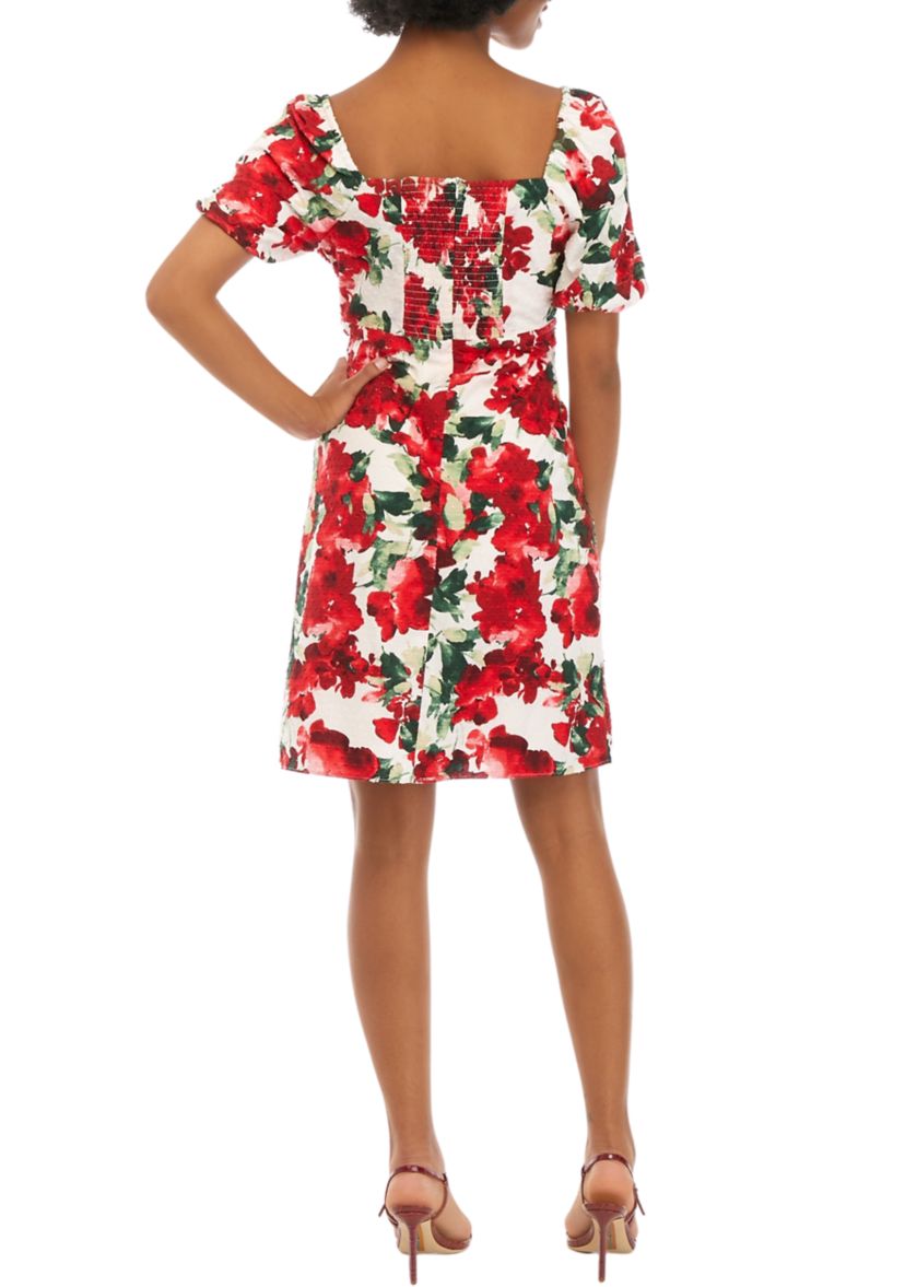 Womens Puff Sleeve Square Neck Floral A-Line Dress