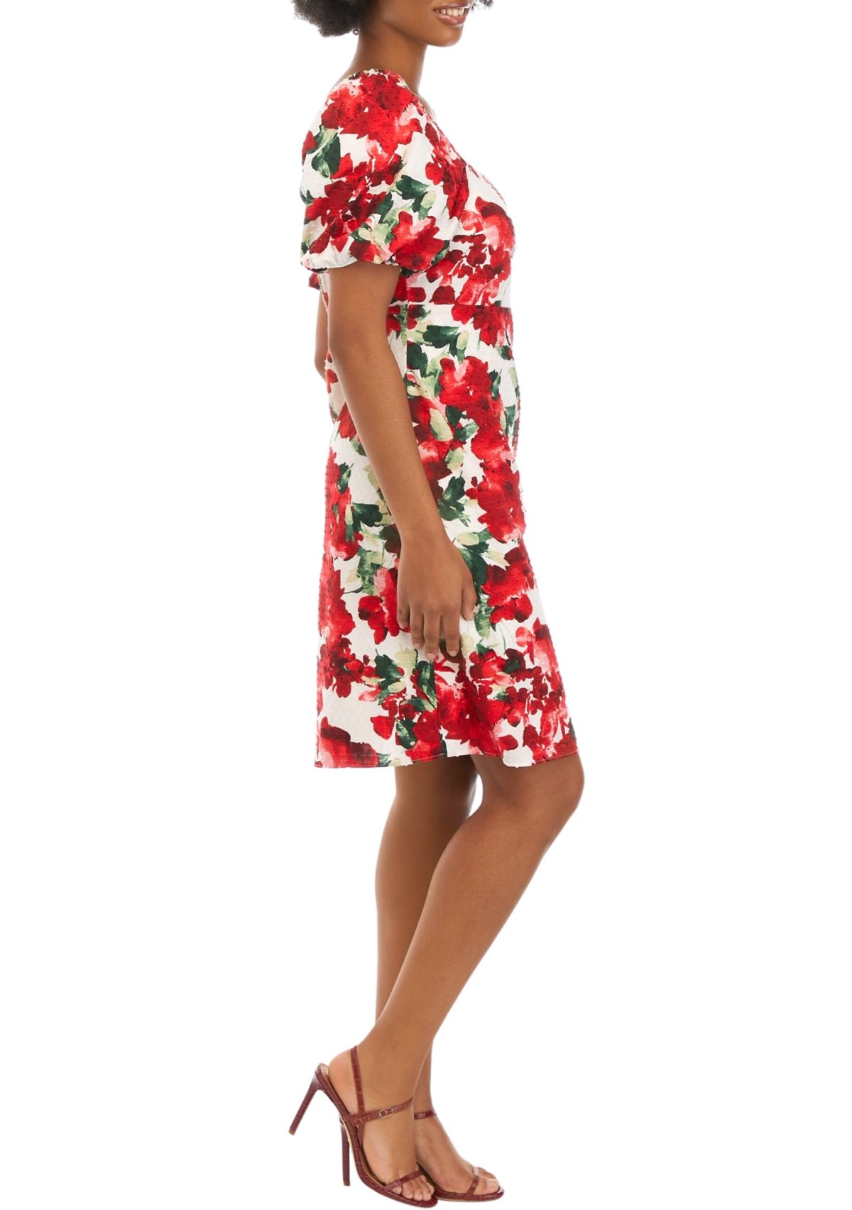 Womens Puff Sleeve Square Neck Floral A-Line Dress