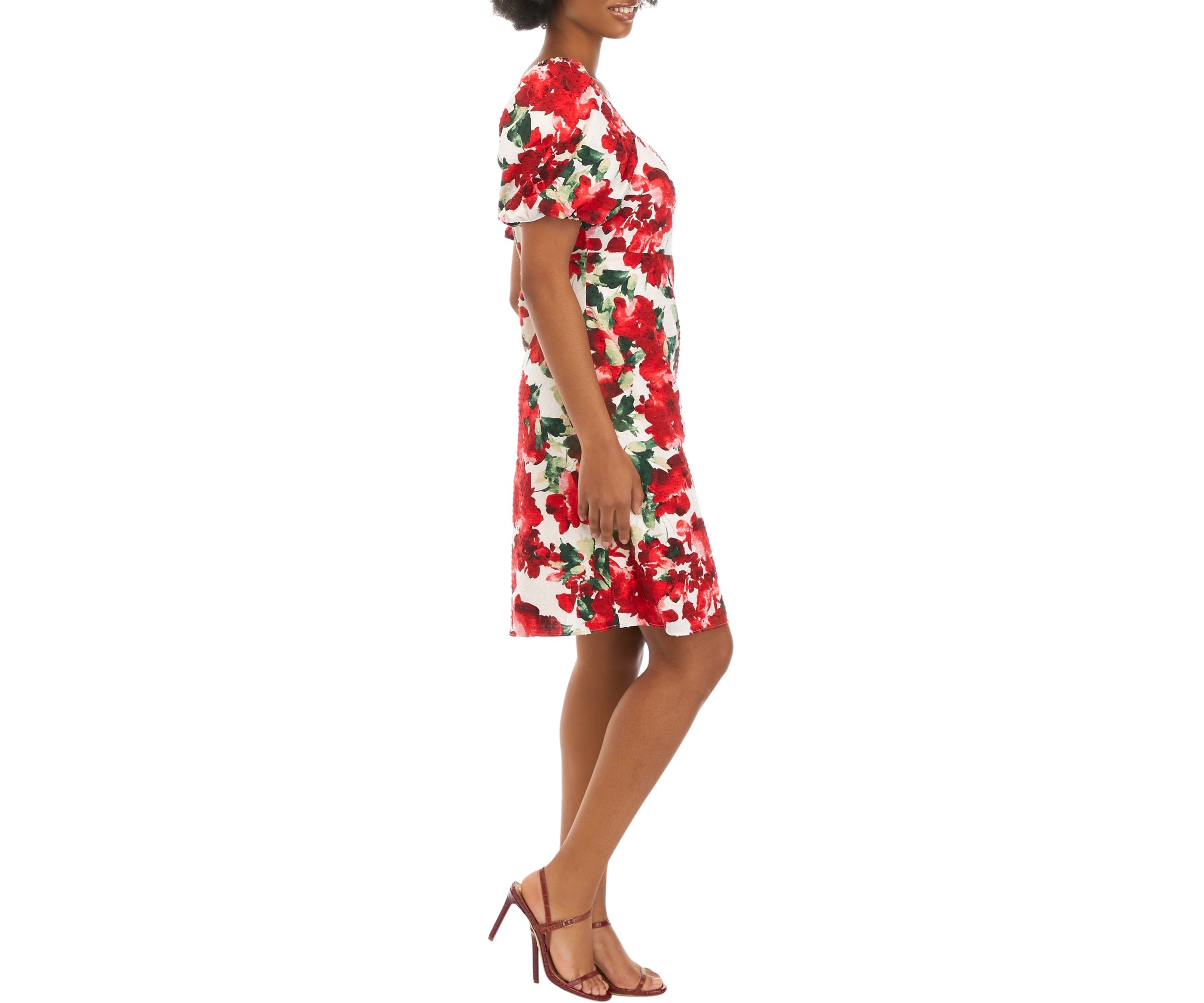 Womens Puff Sleeve Square Neck Floral A-Line Dress