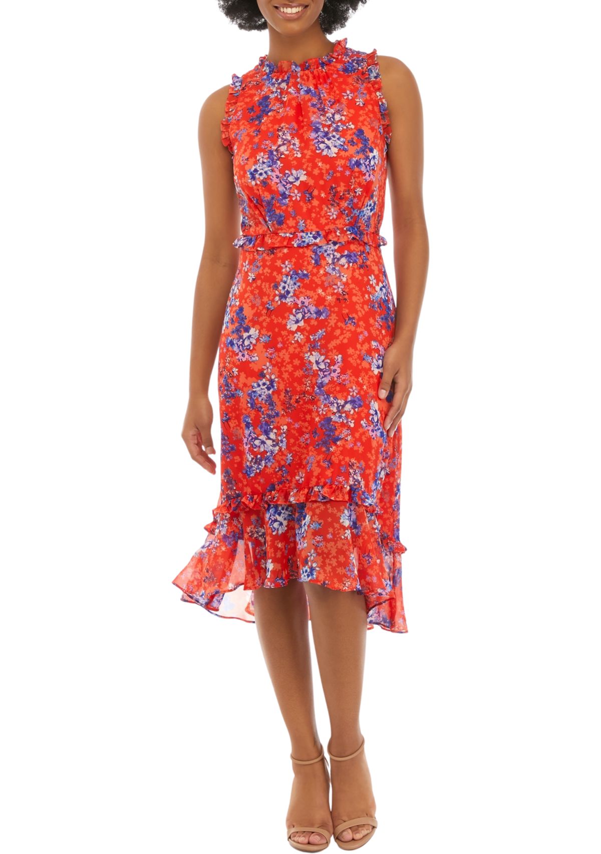 Womens Sleeveless Mock Neck Floral Print Fit and Flare Midi Dress