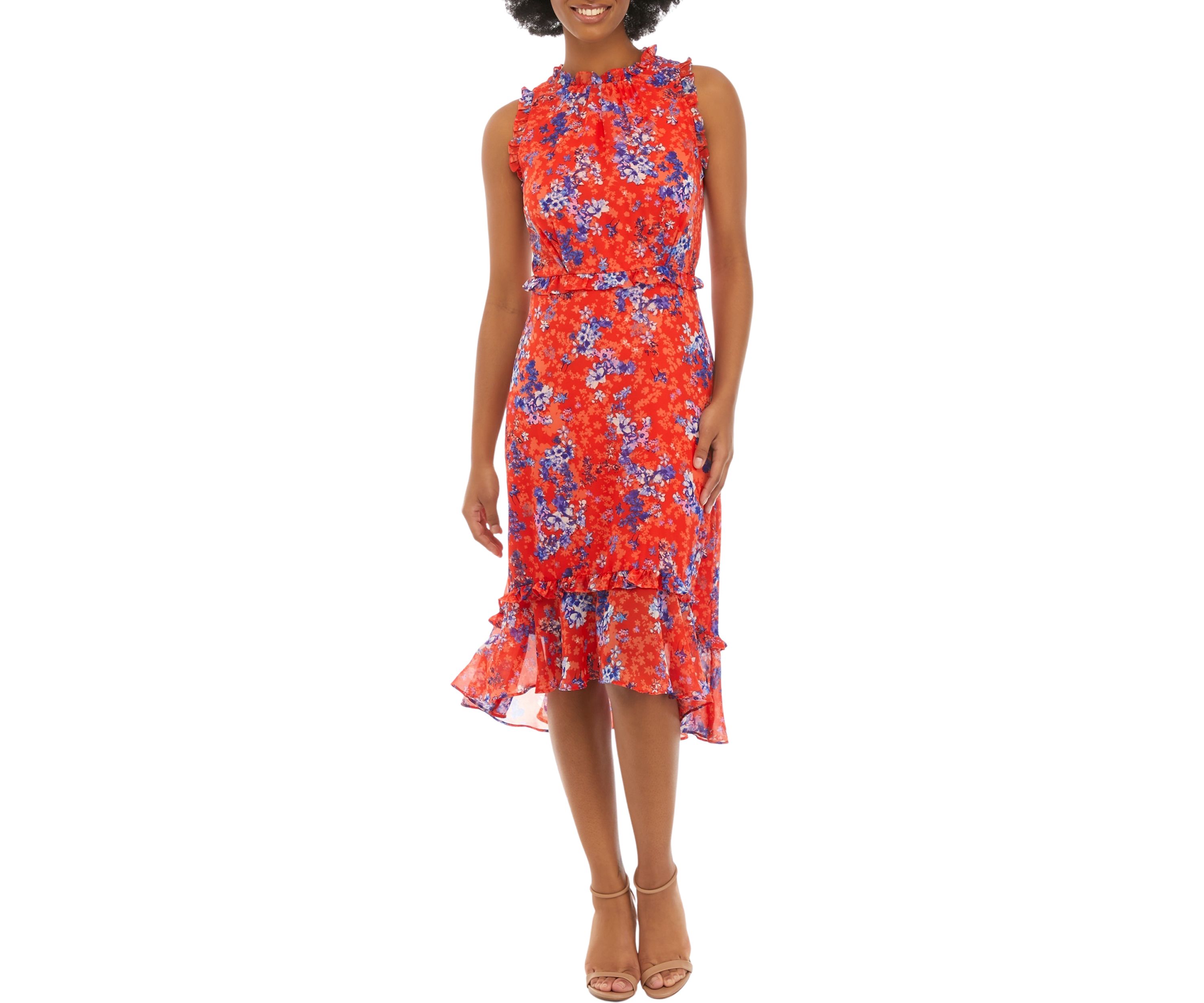 Womens Sleeveless Mock Neck Floral Print Fit and Flare Midi Dress