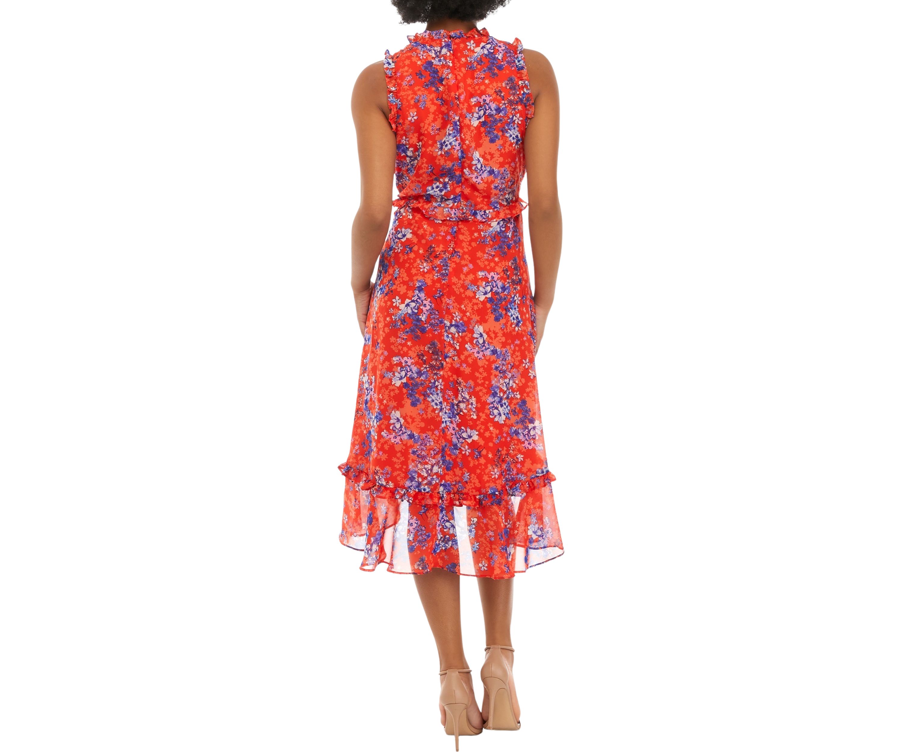 Womens Sleeveless Mock Neck Floral Print Fit and Flare Midi Dress
