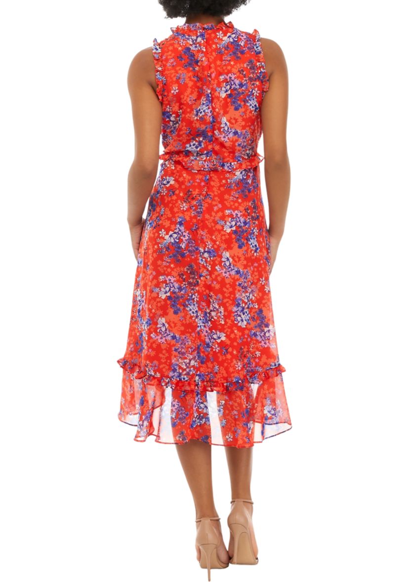Womens Sleeveless Mock Neck Floral Print Fit and Flare Midi Dress