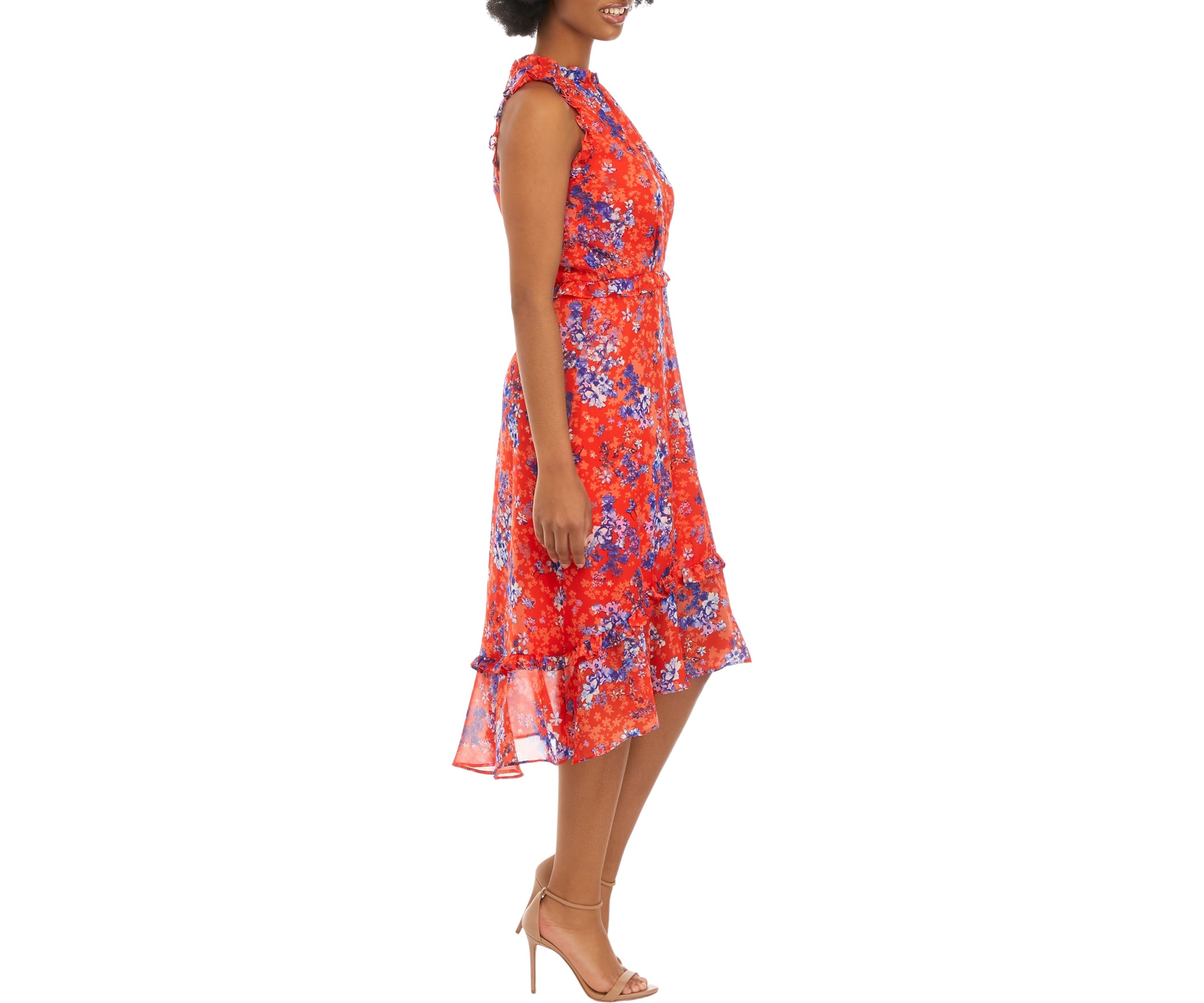 Womens Sleeveless Mock Neck Floral Print Fit and Flare Midi Dress