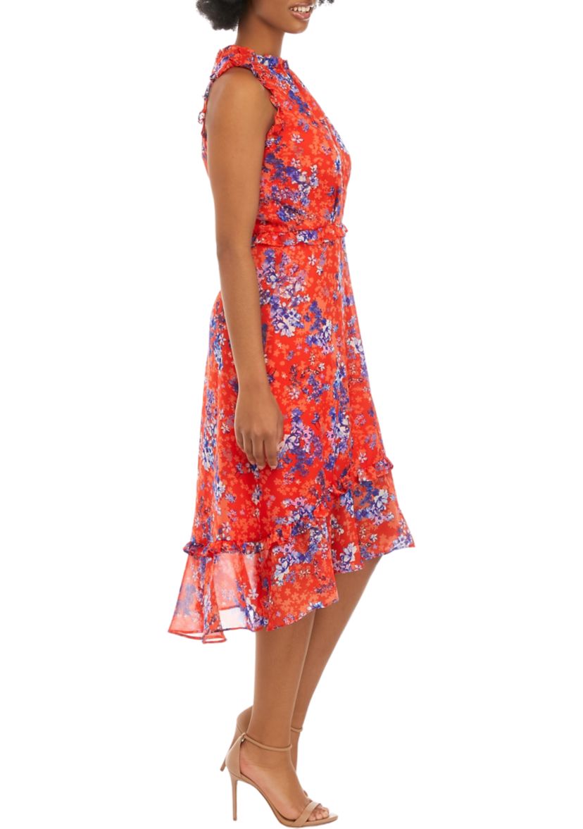 Womens Sleeveless Mock Neck Floral Print Fit and Flare Midi Dress
