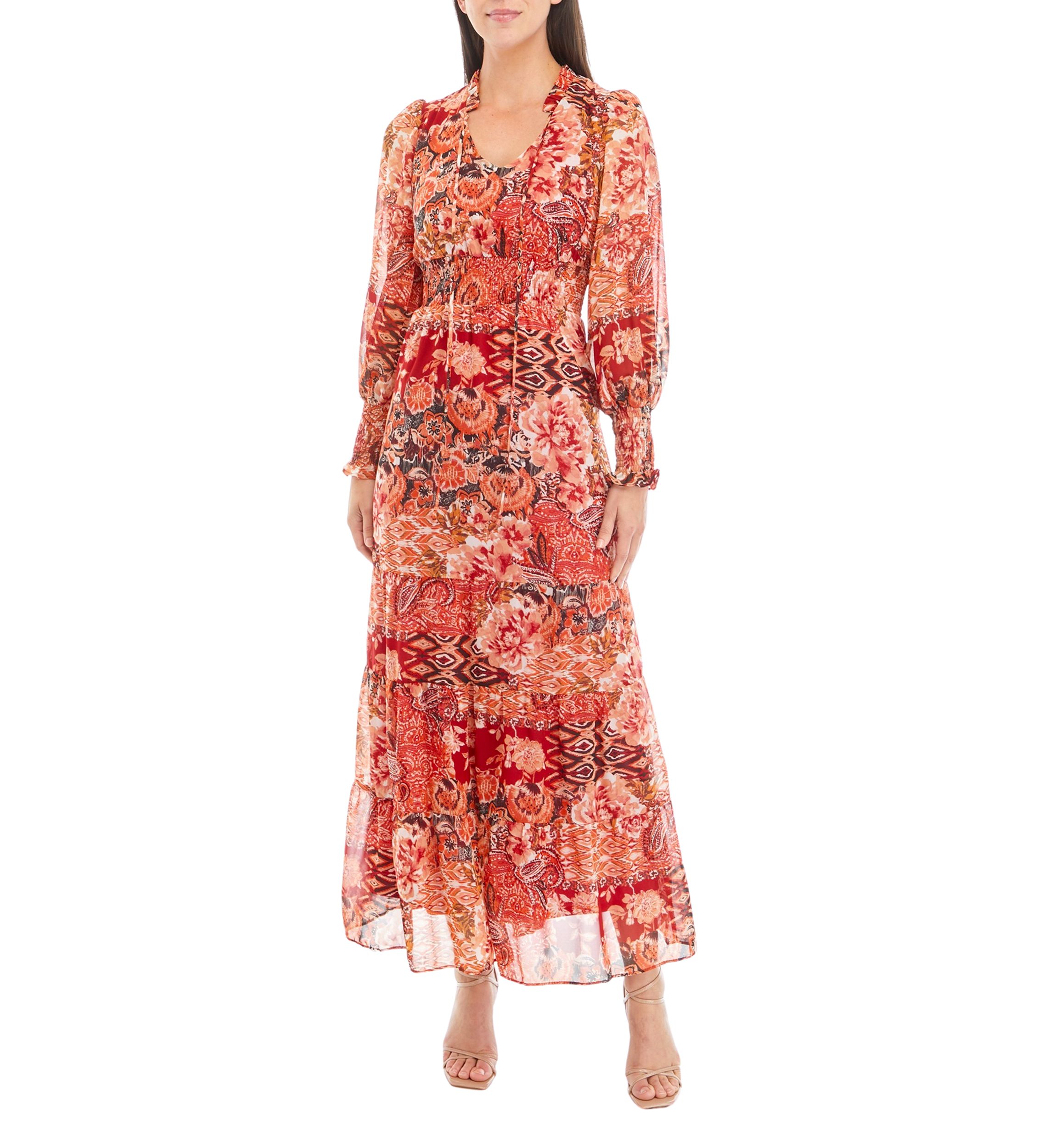 Womens Long Sleeve Printed Chiffon Maxi Dress