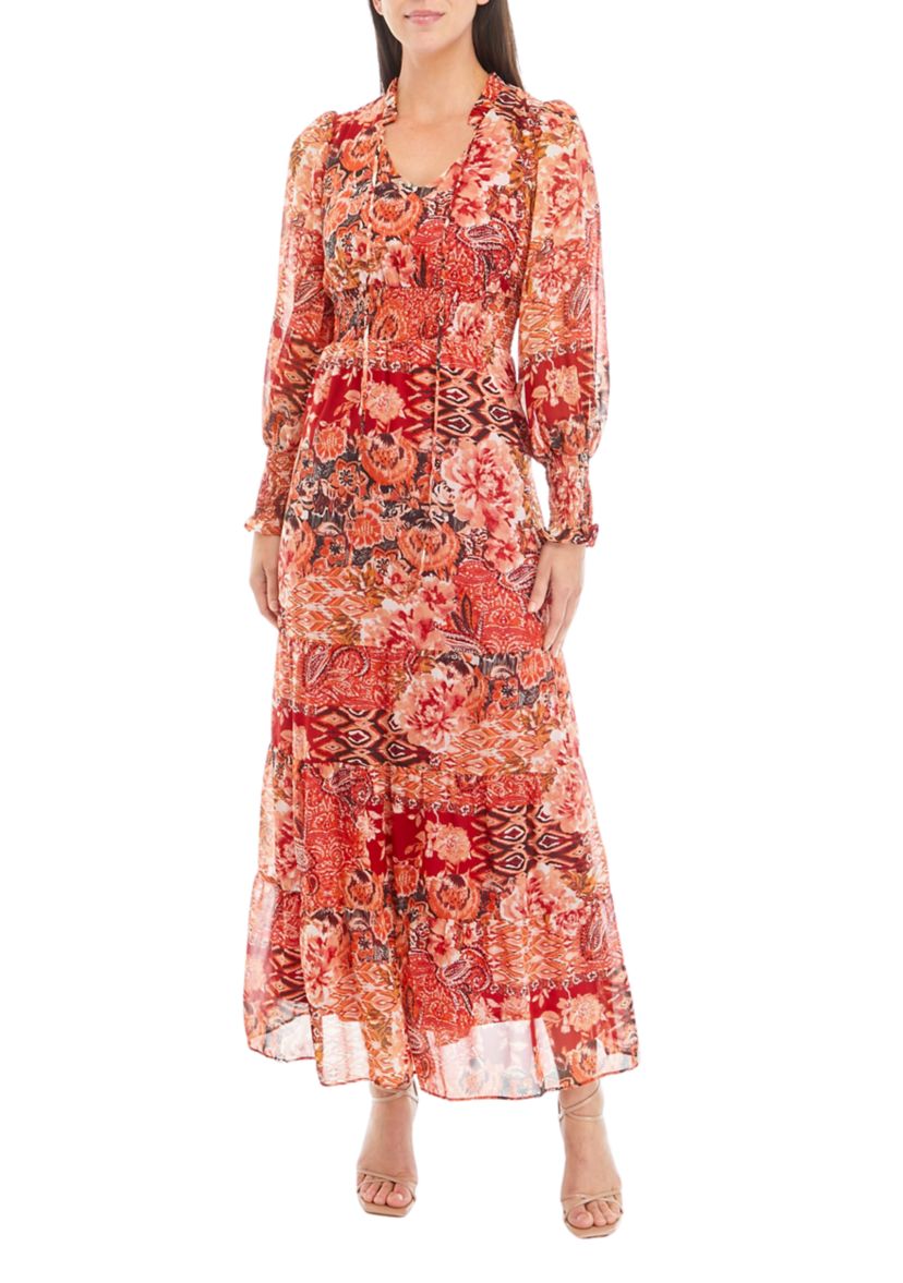 Womens Long Sleeve Printed Chiffon Maxi Dress