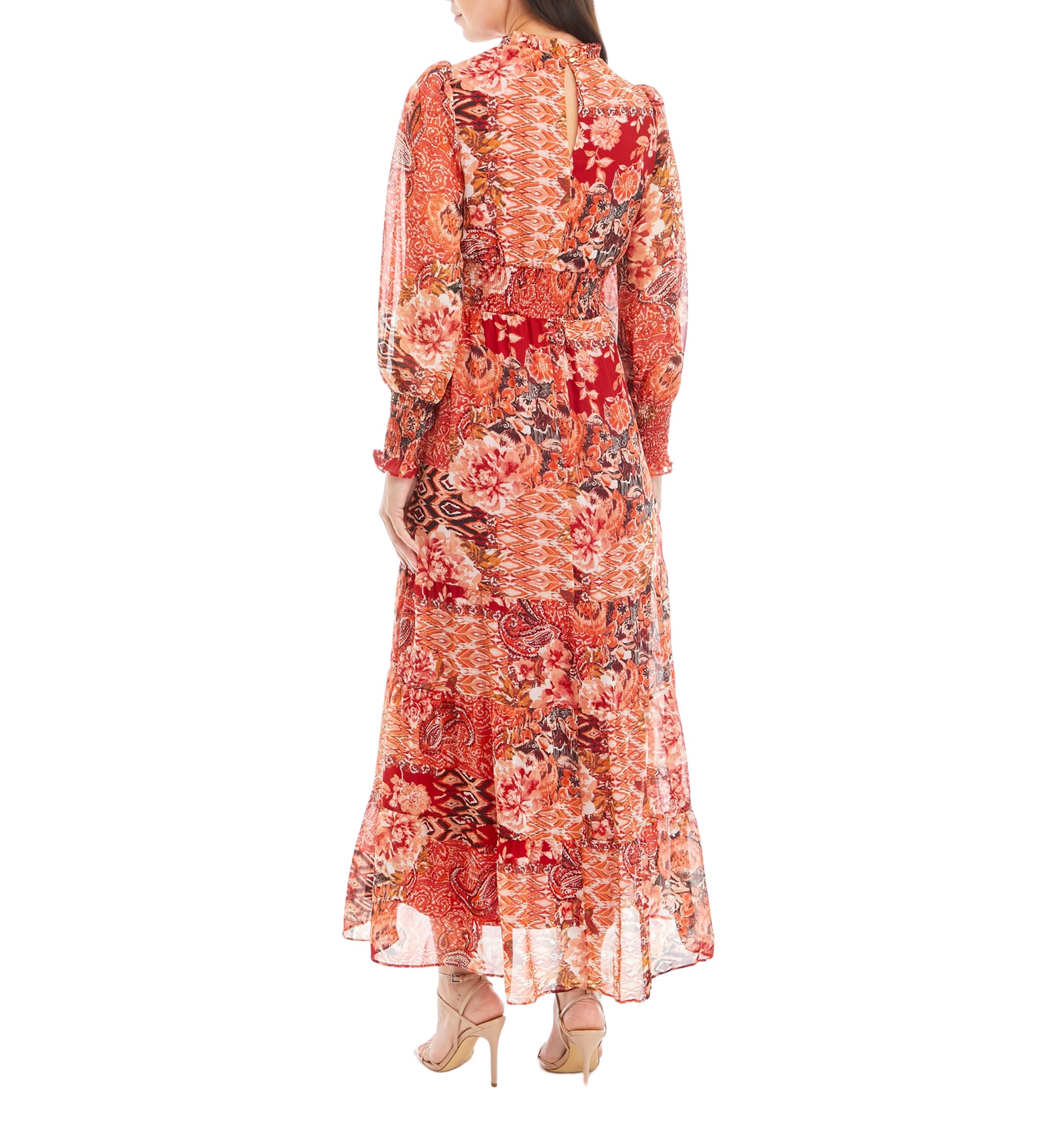 Womens Long Sleeve Printed Chiffon Maxi Dress