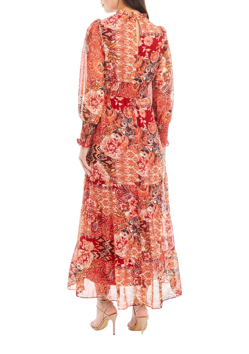 Womens Long Sleeve Printed Chiffon Maxi Dress