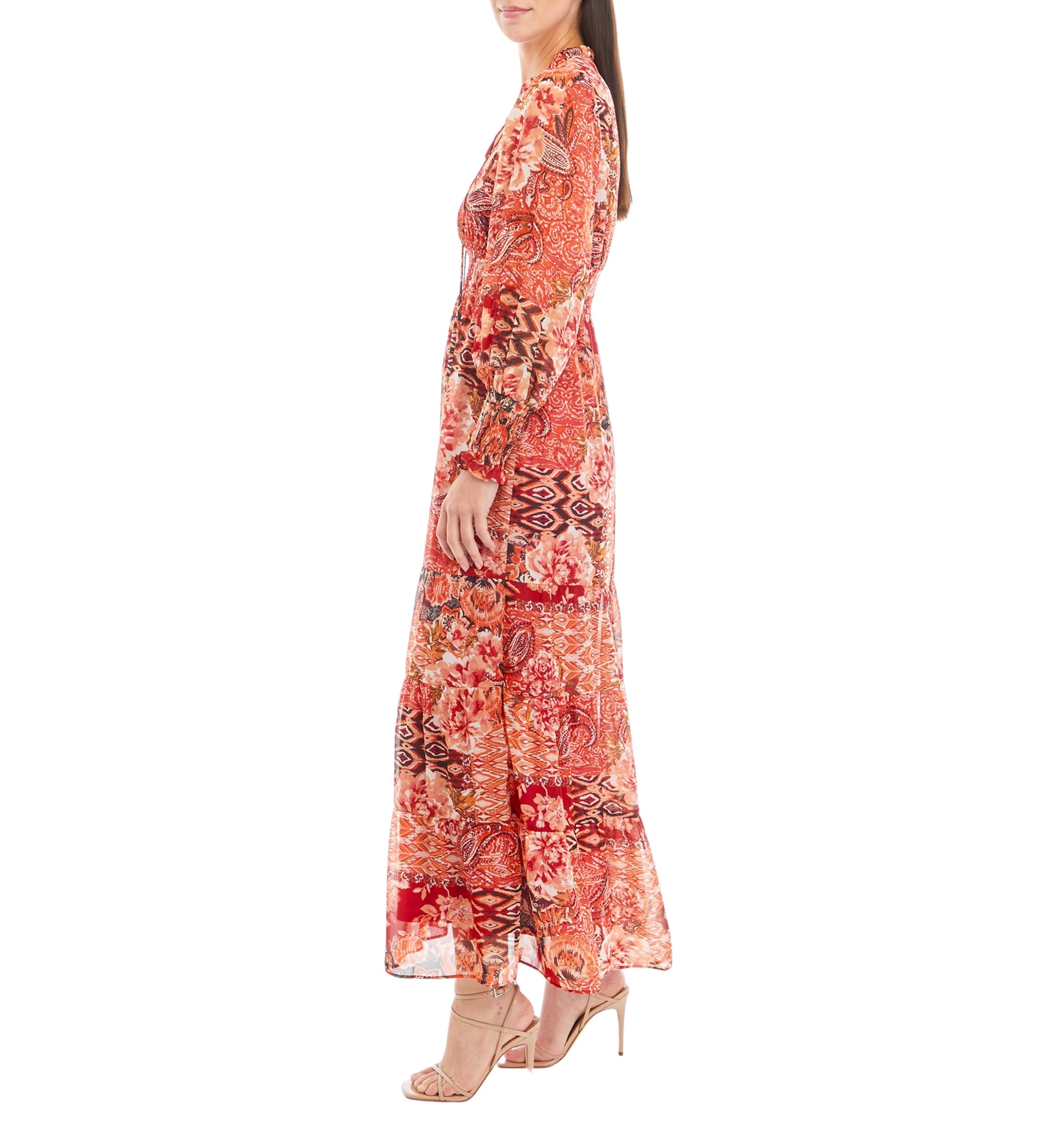 Womens Long Sleeve Printed Chiffon Maxi Dress