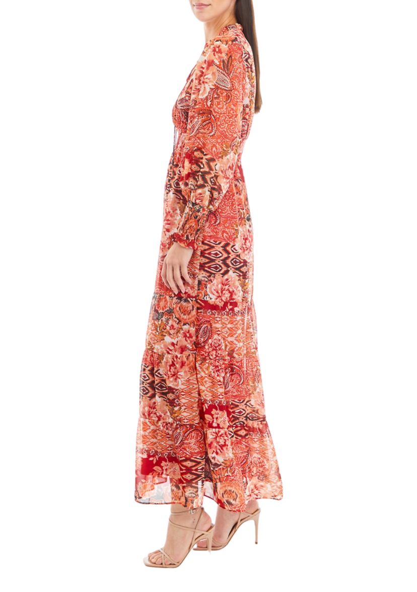 Womens Long Sleeve Printed Chiffon Maxi Dress