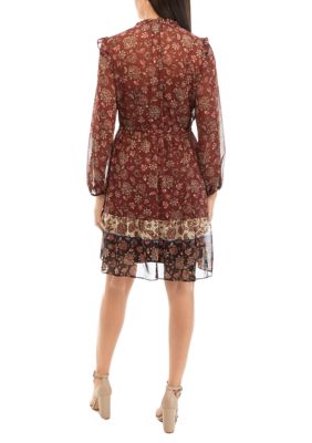 Women's Long Sleeve Tie Neck Chiffon Printed Border Dress