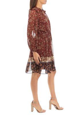 Women's Long Sleeve Tie Neck Chiffon Printed Border Dress