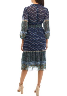 Women's 3/4 Sleeve Split Neck Printed Midi Dress with Belt