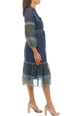 Women's 3/4 Sleeve Split Neck Printed Midi Dress with Belt