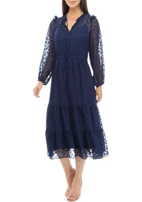 Women's Long Sleeve Solid Circle Jacquard Midi Dress