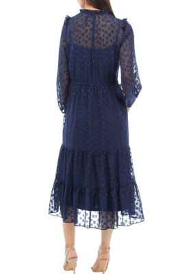 Women's Long Sleeve Solid Circle Jacquard Midi Dress