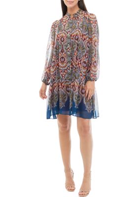 Women's Long Sleeve Ombré Print Pleat Front Chiffon Dress