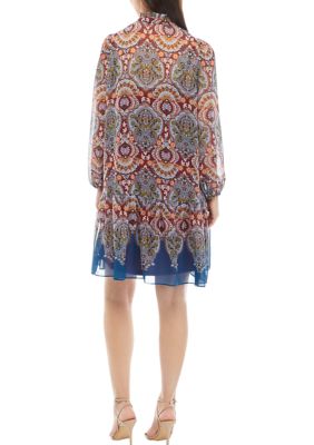 Women's Long Sleeve Ombré Print Pleat Front Chiffon Dress