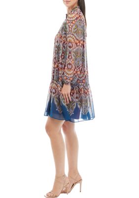 Women's Long Sleeve Ombré Print Pleat Front Chiffon Dress