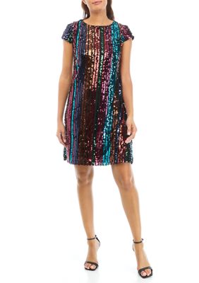 Women's Crew Neck Short Sleeve Sequin Shift Dress