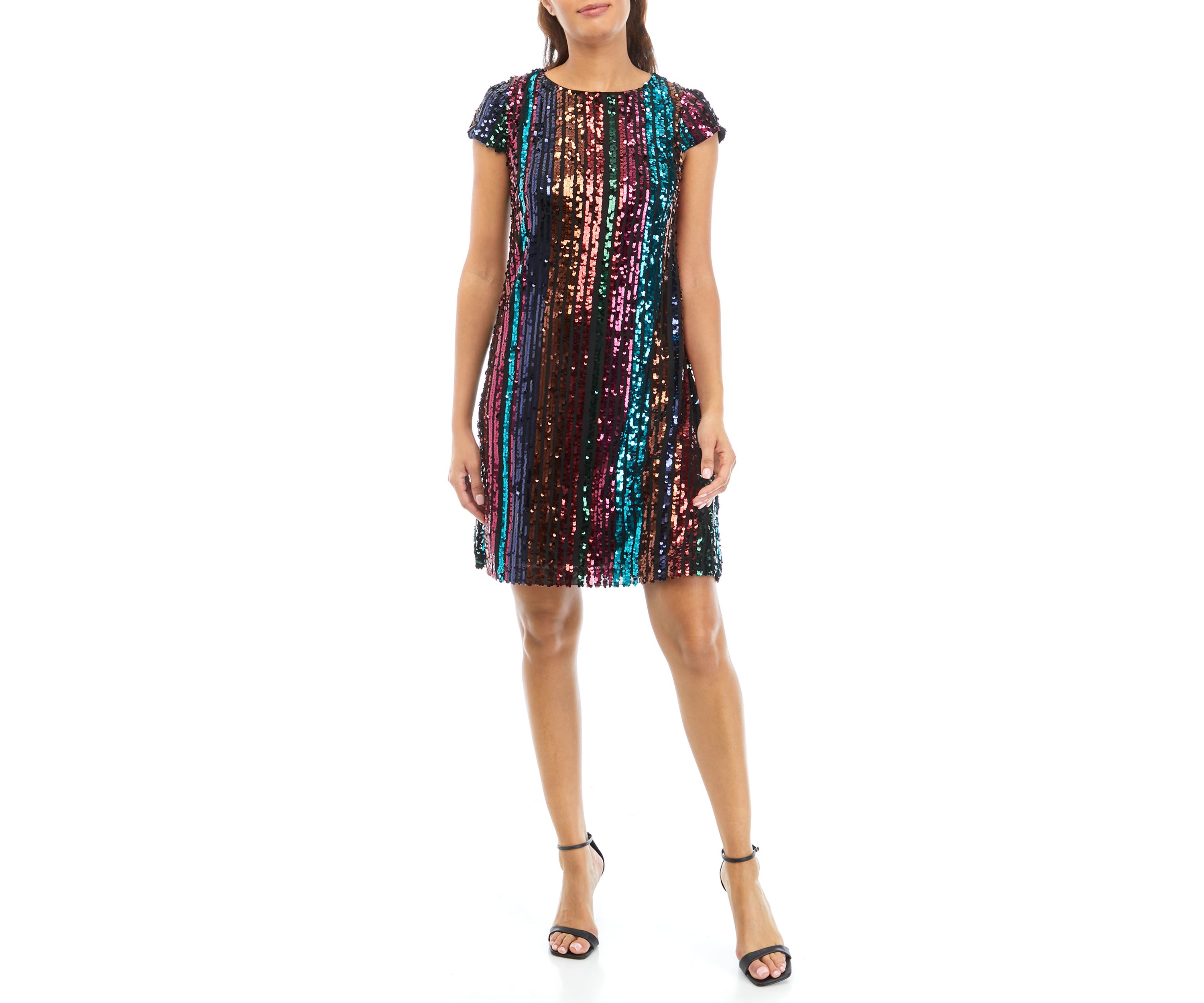 Womens Crew Neck Short Sleeve Sequin Shift Dress