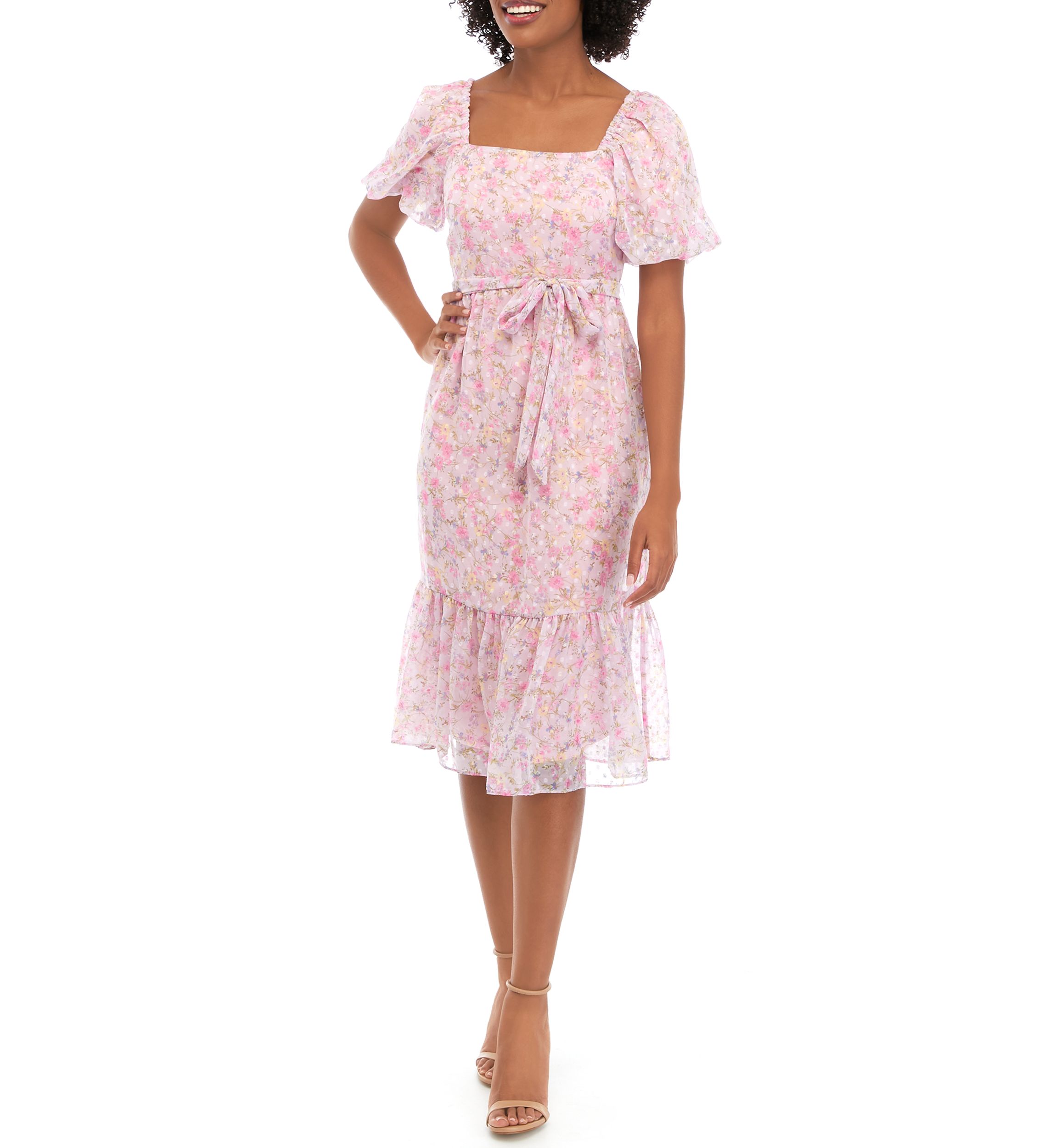 Womens Short Puff Sleeve Floral Print Clip Dot Midi Dress