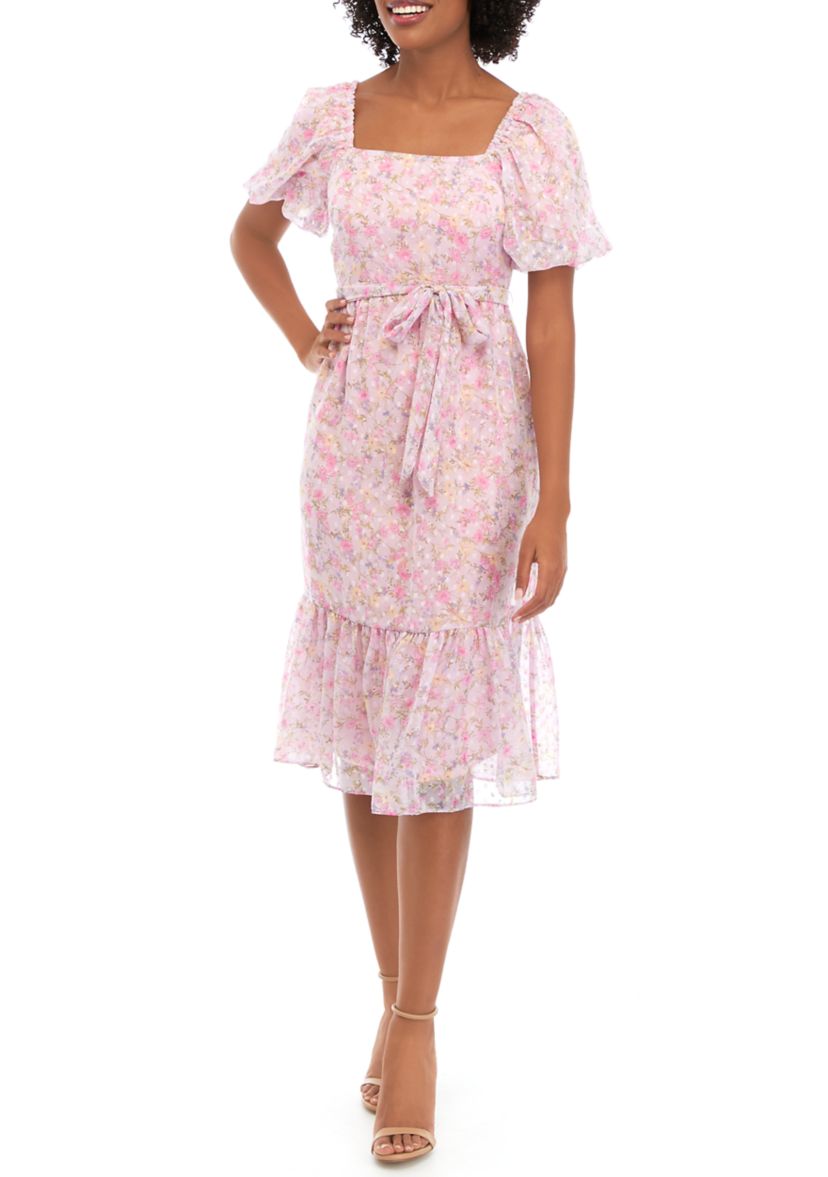 Womens Short Puff Sleeve Floral Print Clip Dot Midi Dress