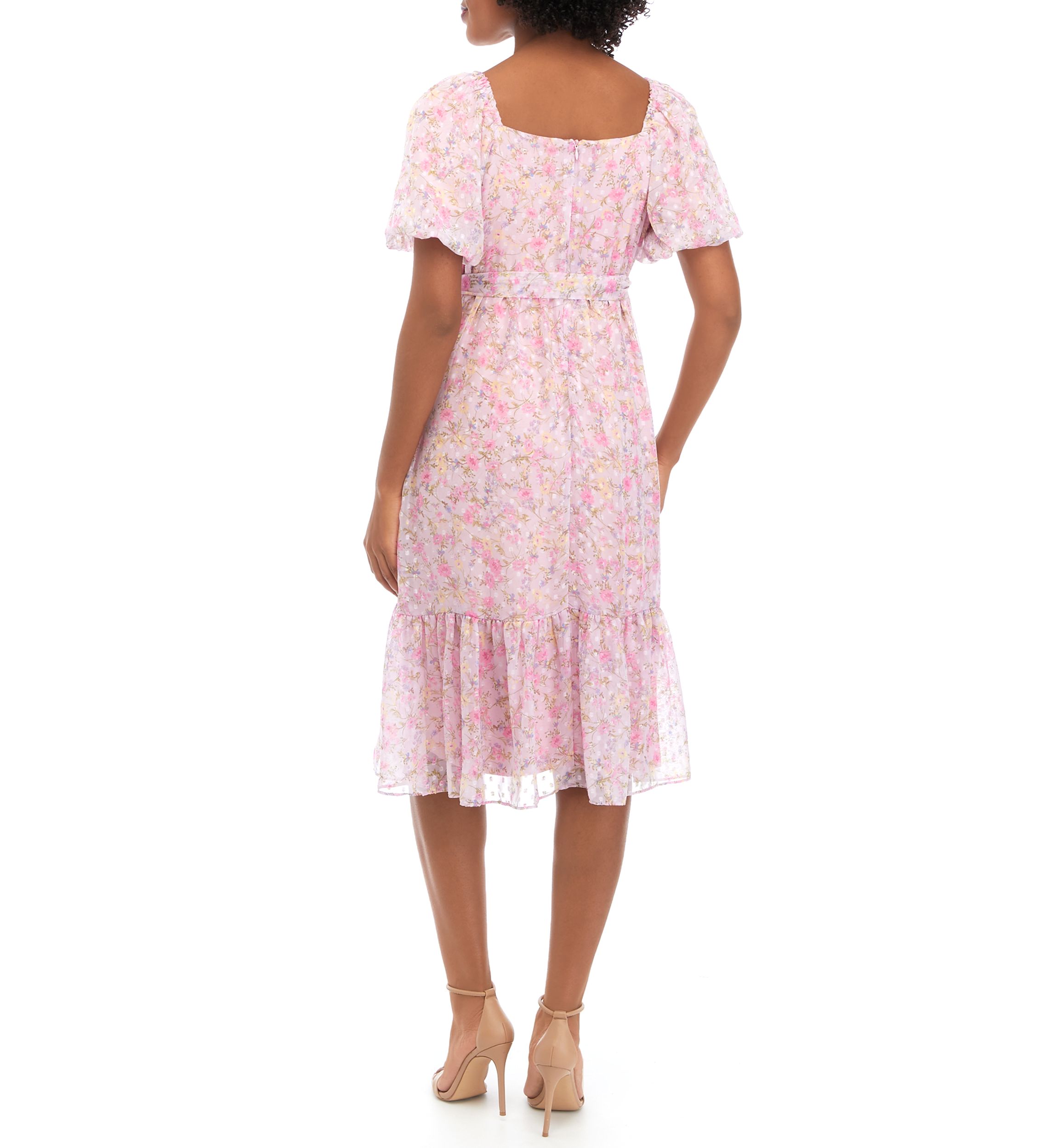 Womens Short Puff Sleeve Floral Print Clip Dot Midi Dress