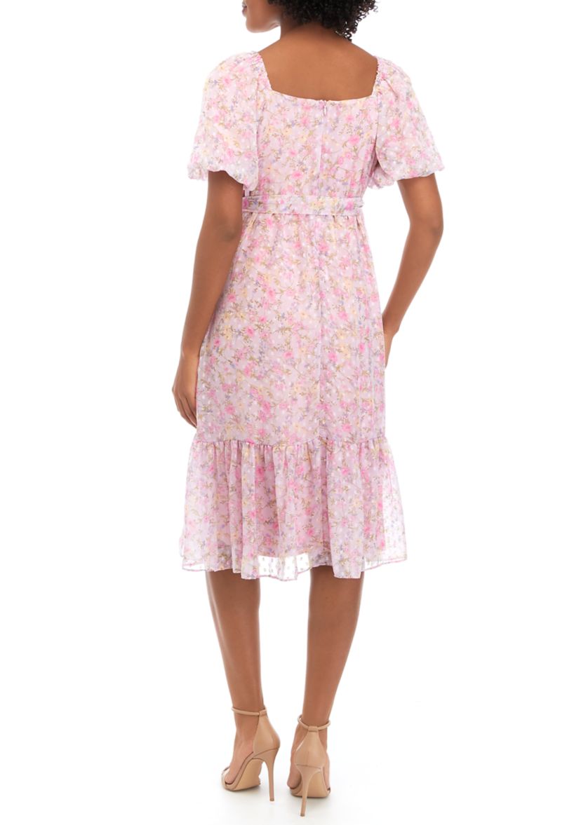 Womens Short Puff Sleeve Floral Print Clip Dot Midi Dress