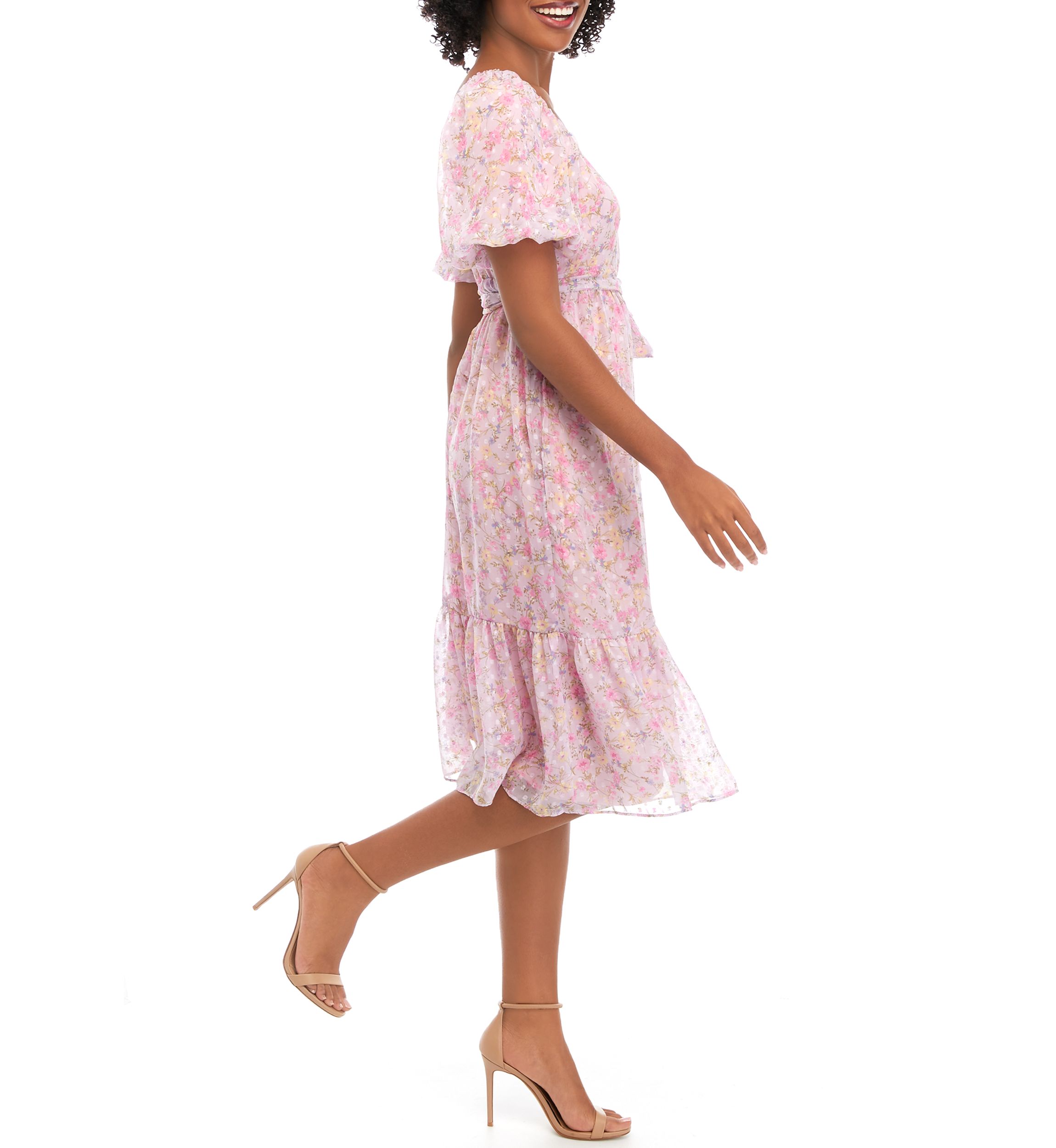 Womens Short Puff Sleeve Floral Print Clip Dot Midi Dress