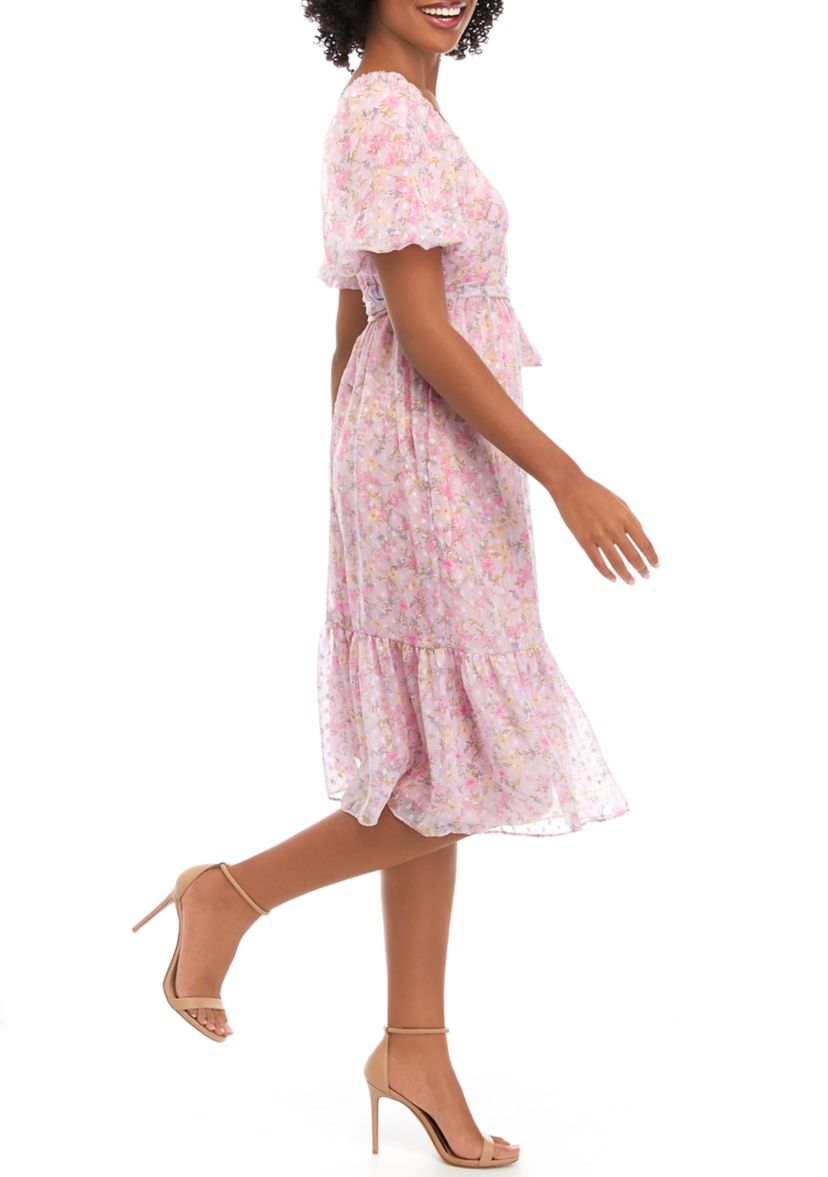 Womens Short Puff Sleeve Floral Print Clip Dot Midi Dress