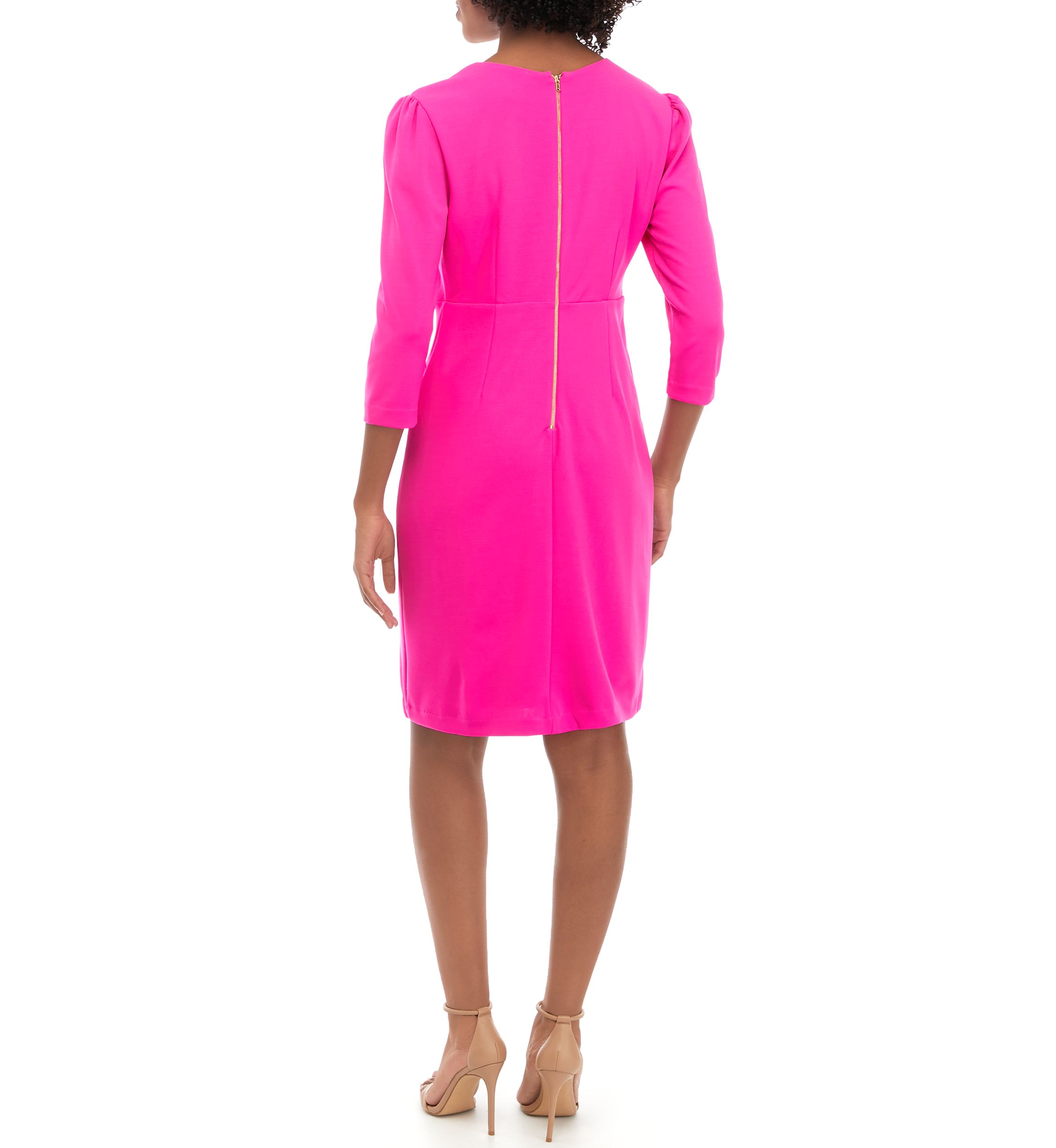 Womens 3/4 Sleeve V-Neck Solid Ruffle Dress