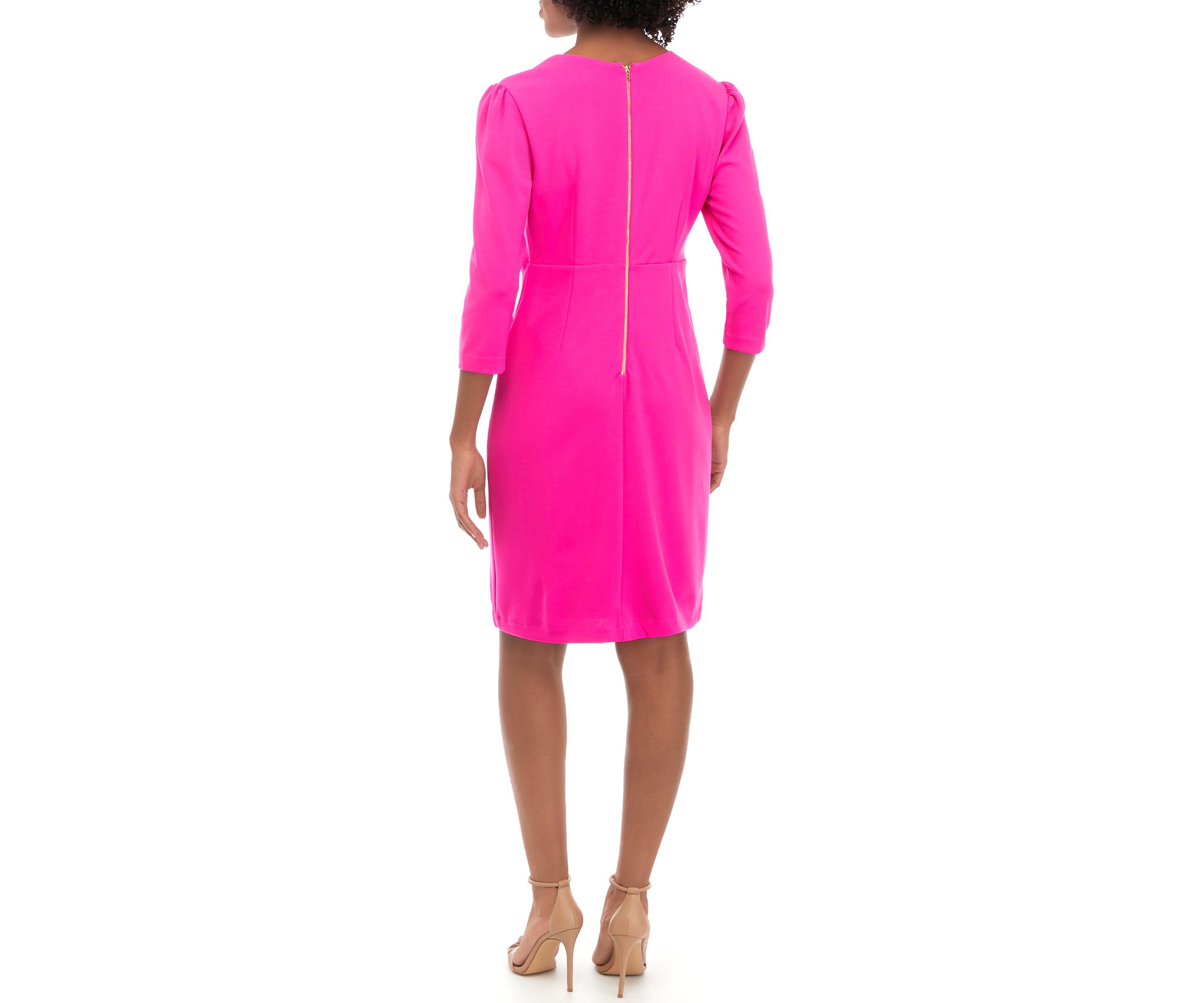 Womens 3/4 Sleeve V-Neck Solid Ruffle Dress