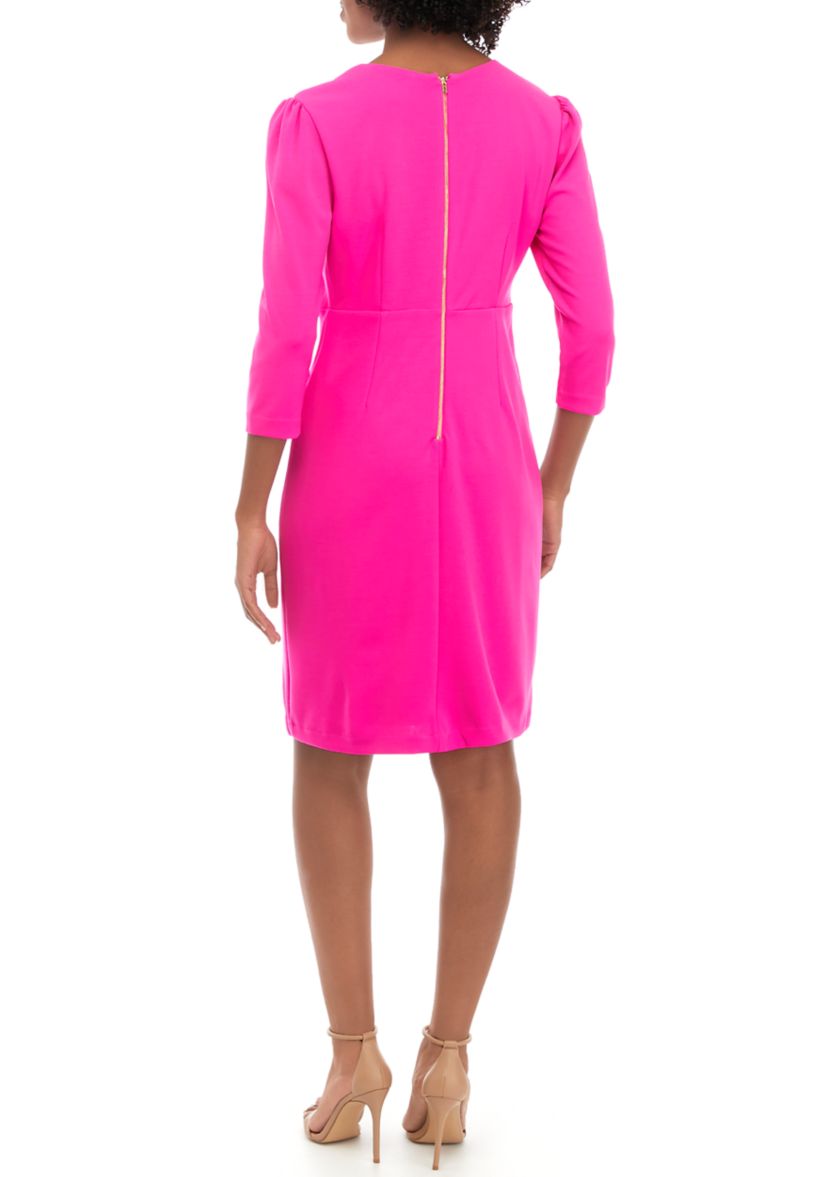 Womens 3/4 Sleeve V-Neck Solid Ruffle Dress