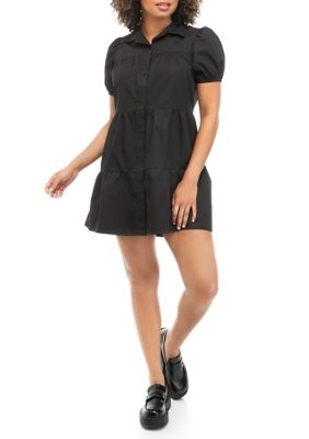 Juniors' Short Sleeve Button Down Poplin Tiered Dress