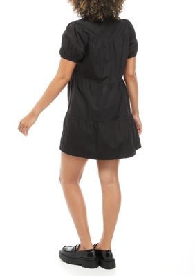 Juniors' Short Sleeve Button Down Poplin Tiered Dress