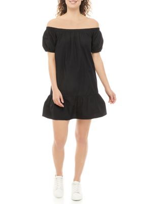 Juniors' Solid Off the Shoulder Poplin Dress